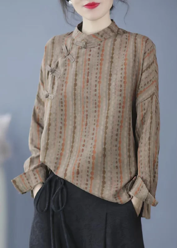 Casual Khaki Striped Print Button Top Spring