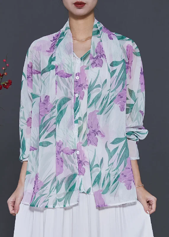 Elegant White Tulip Print Chiffon Fake Two Piece Shirt Spring