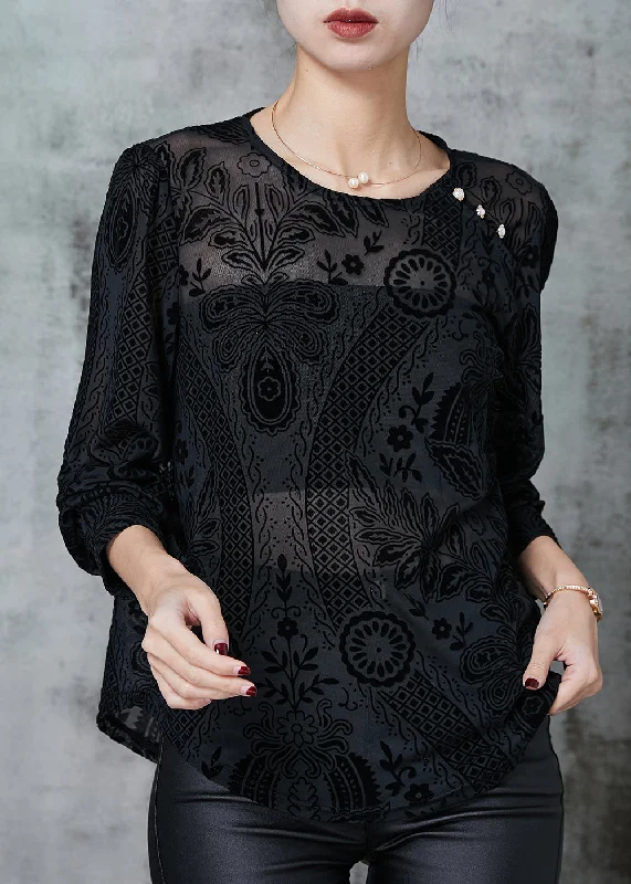 Elegant Black O-Neck Jacquard Lace Tops Spring