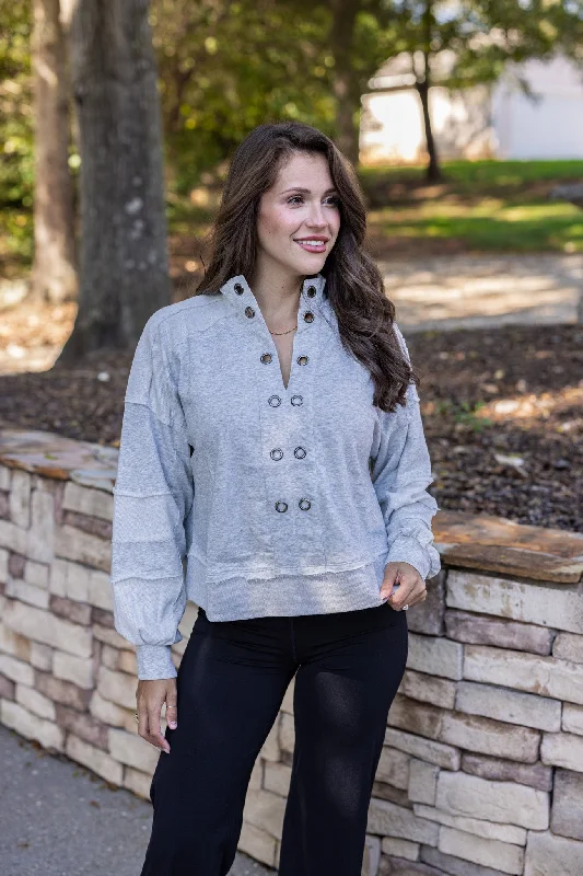 Eyelet Adorned Grey Knit Pullover