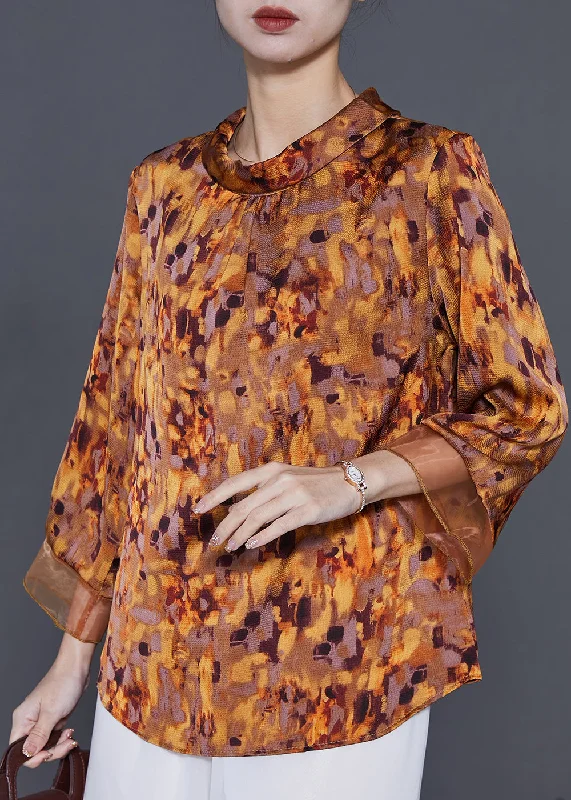 Modern Yellow Print Patchwork Silk Blouse Bracelet Sleeve