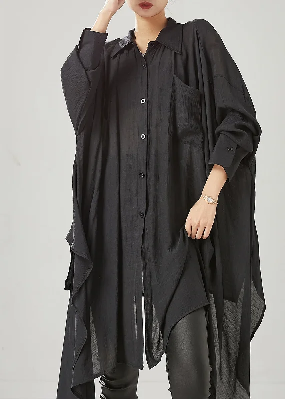 Organic Black Asymmetrical Cotton Loose Blouses Spring