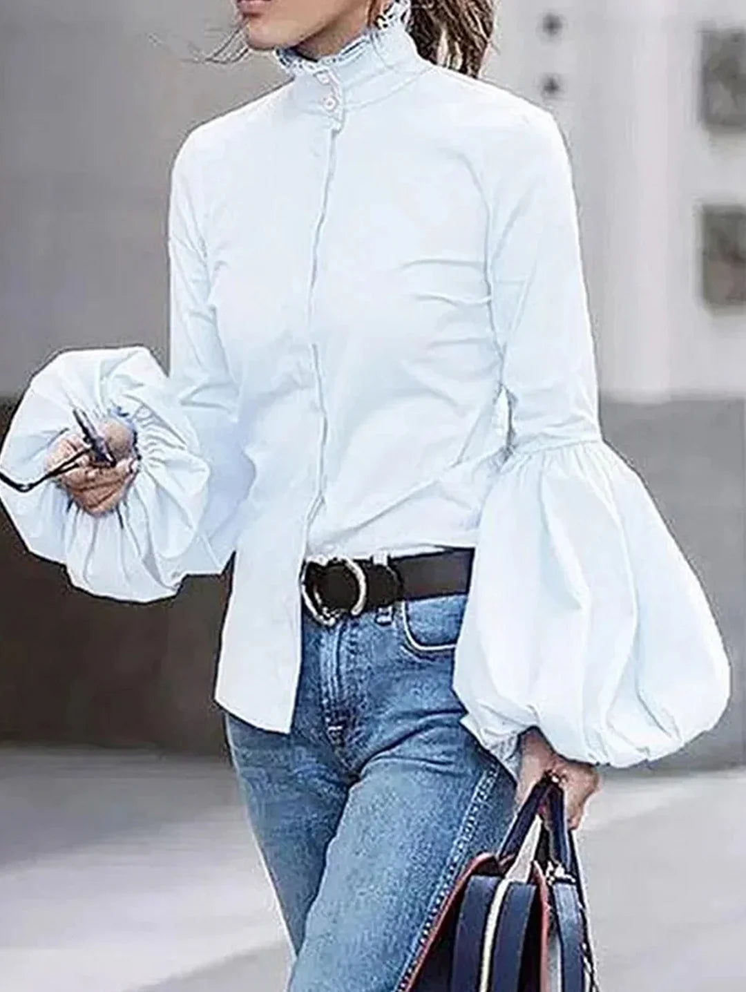 Casual Plain Stand Collar Button Blouse Lantern Sleeve