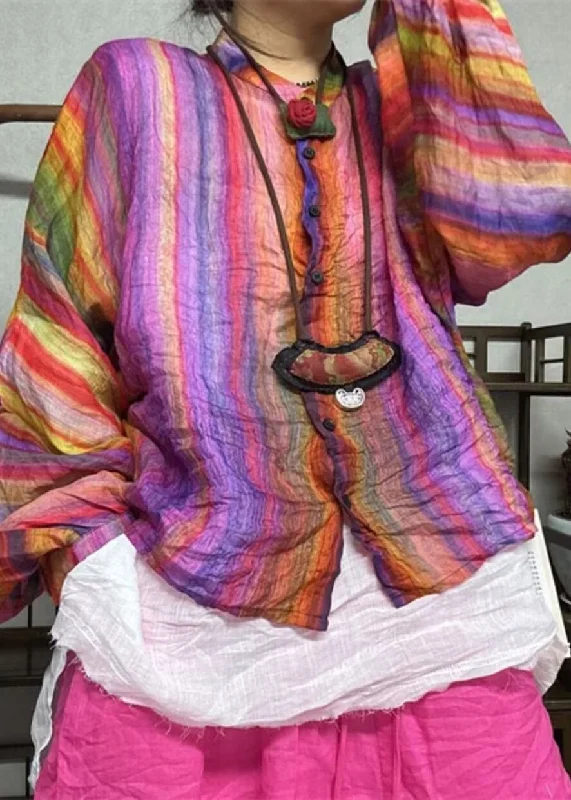 Loose Rainbow Button Print Linen Shirt Long Sleeve