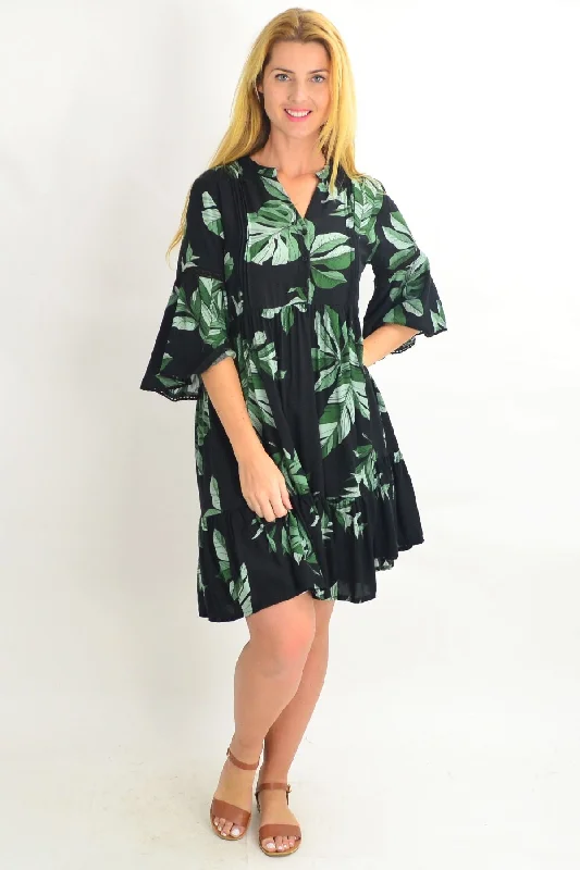 Bell Cuff Tropical Leaf Tunic Dress