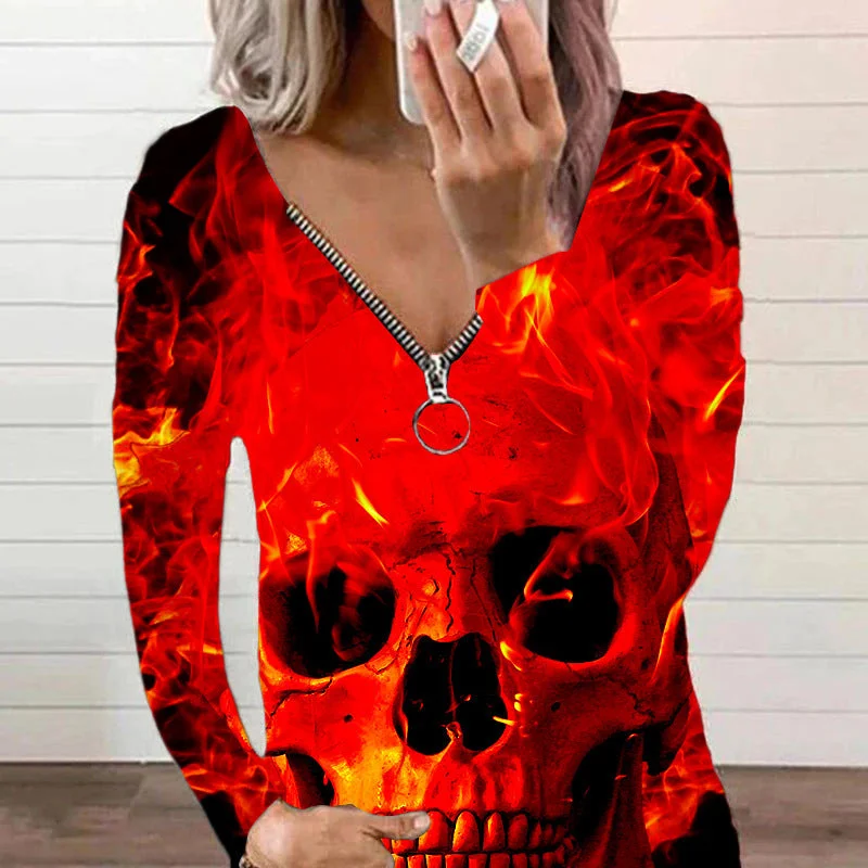 Fashion Skull Print V-Neck Zipper Long Sleeve Top Wholesale Womens Tops