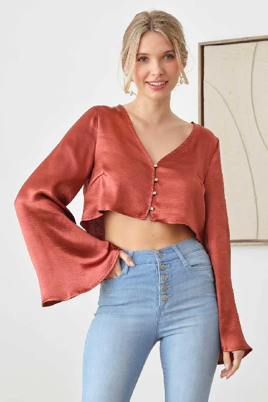 Satin Rhinestone Buttons Closure Crop Top