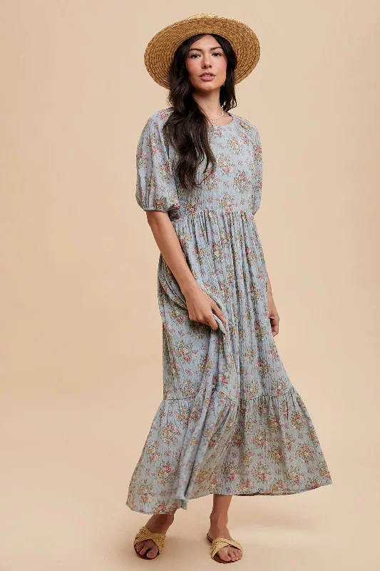 Light Blue Floral Textured Tied Open Back Maxi Dress