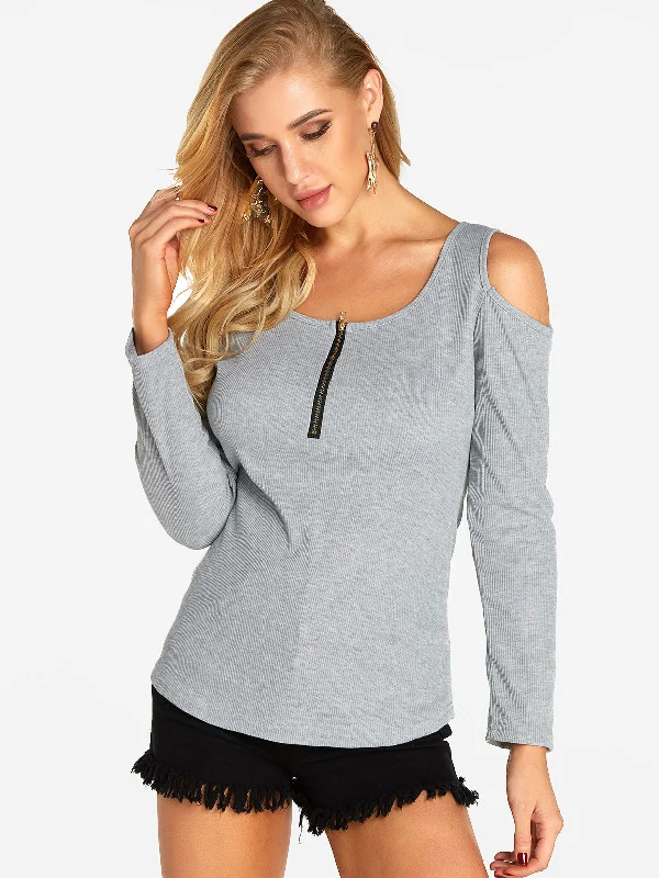 Custom V-Neck Cold Shoulder Zip Back Long Sleeve Grey T-Shirts