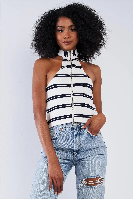 Striped Sleeveless Loop Neckline Zipper Cropped Top