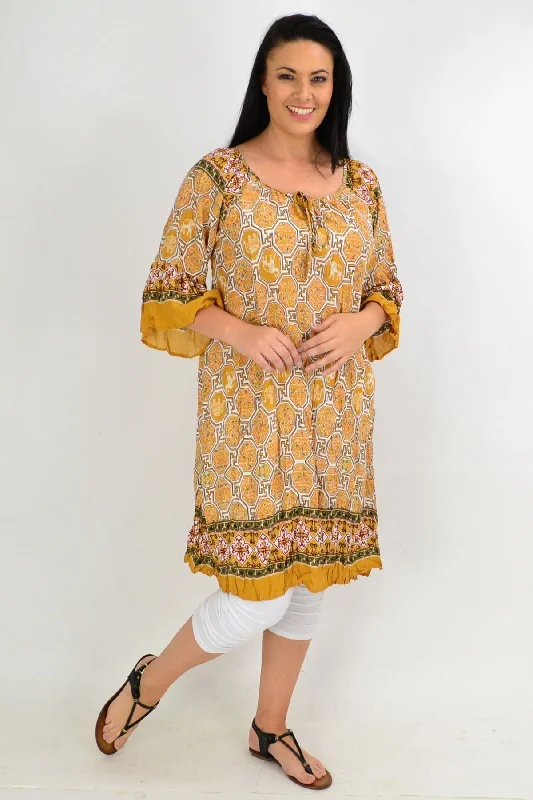 Oriental Mustard Crinkle Tie Tunic Dress