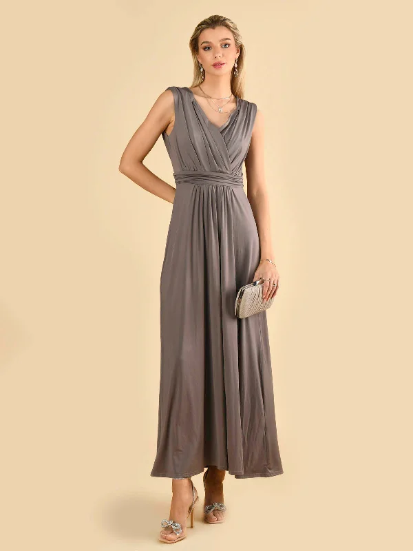 Plunge V Neck Draped Maxi Dress, Grey