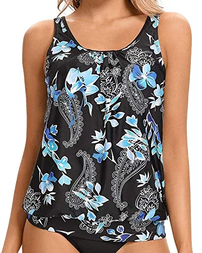 Flattering Black Blouson Tank Top Women's Tankini Tops Only-Blue Floral