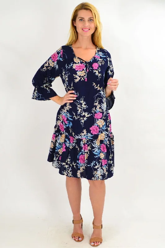 Navy Carnation Flower Sleeve Tunic Dress