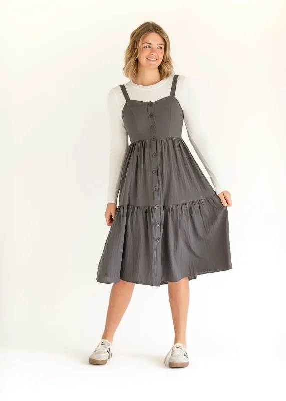 Button Front Charcoal Jumper Dress