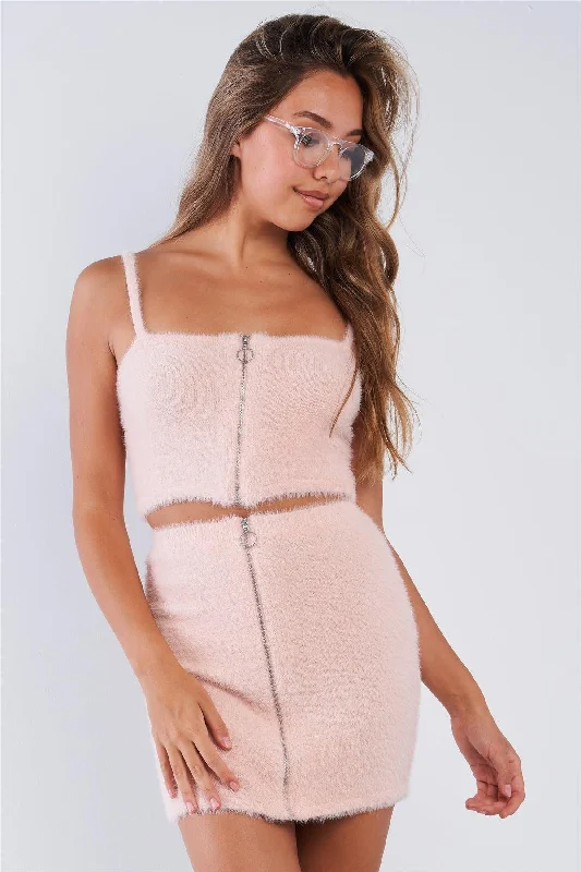 Fuzzy Cotton Candy Pink Zipper Cami Strap Crop Top