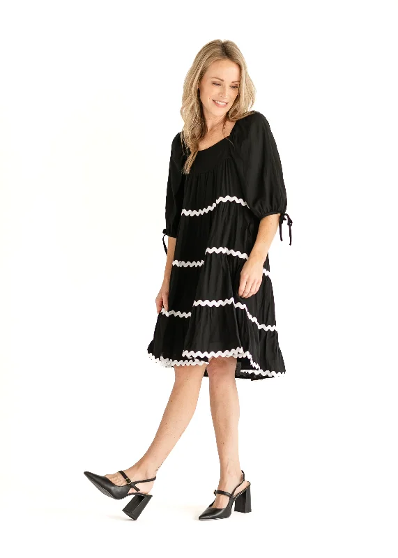 Ricrac Trimmed Tie Sleeve Black Midi Dress