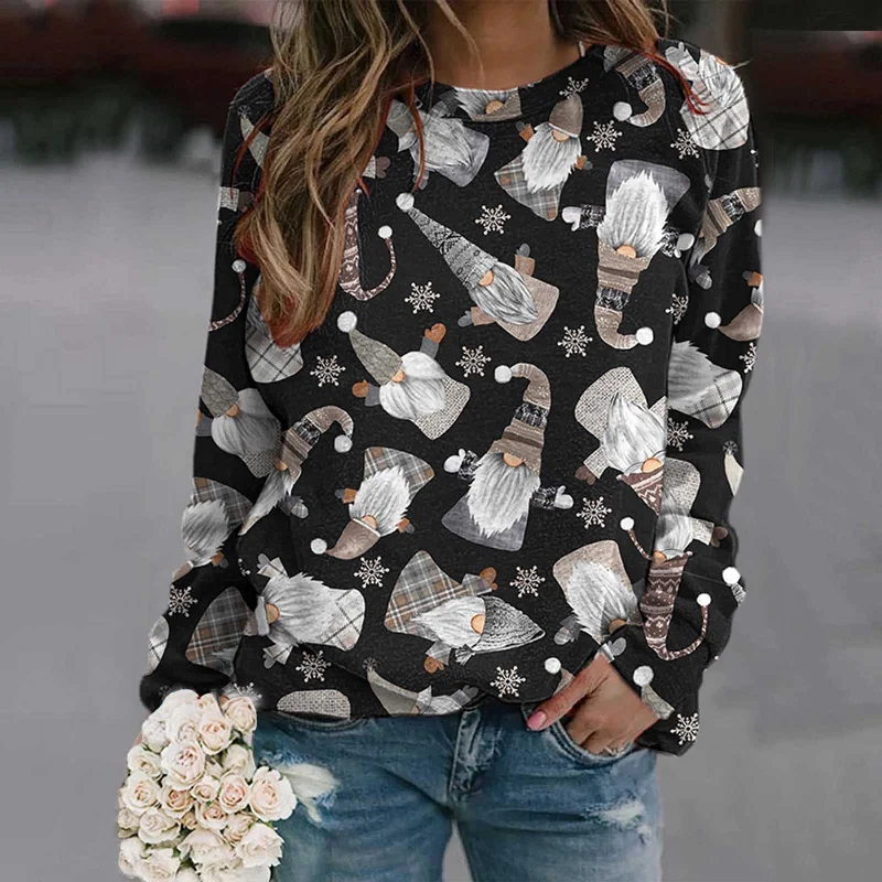 Christmas Snowman Print Round Neck Loose Long Sleeve T-Shirt Wholesale Womens Tops