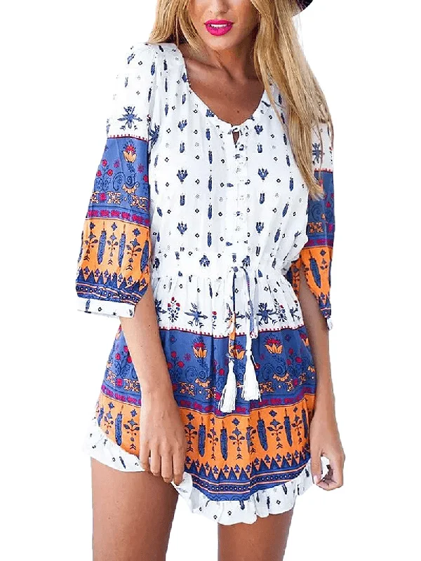 Printed Floral Drawstring Scoop Neck 3/4 Sleeve Dress for Women