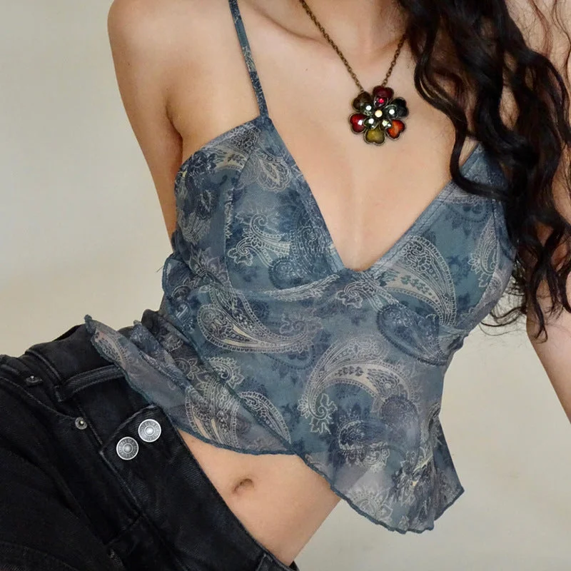 Irregular Print Sexy Ruffled Suspenders Crop Tops Wholesale Women'S Top