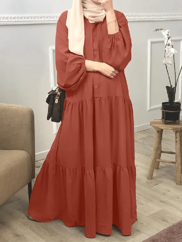 Women Solid Color Button down Front Puff Sleeve Kaftan Robe Maxi Dress