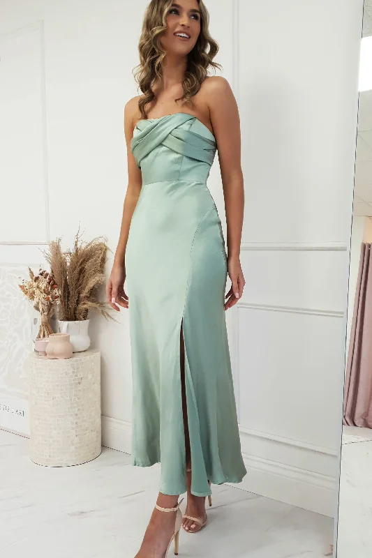 Everly Strapless Satin Midi Dress | Sage