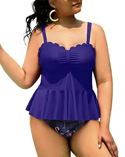 Tummy Control Bathing Suits Scalloped Design For Curvy Women-Blue Flamingo