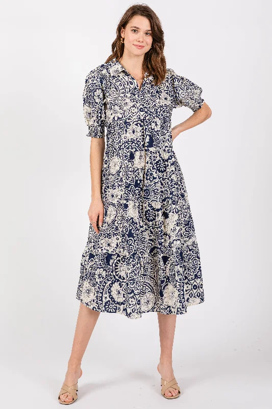 Navy Blue Floral Collared Tiered Midi Dress