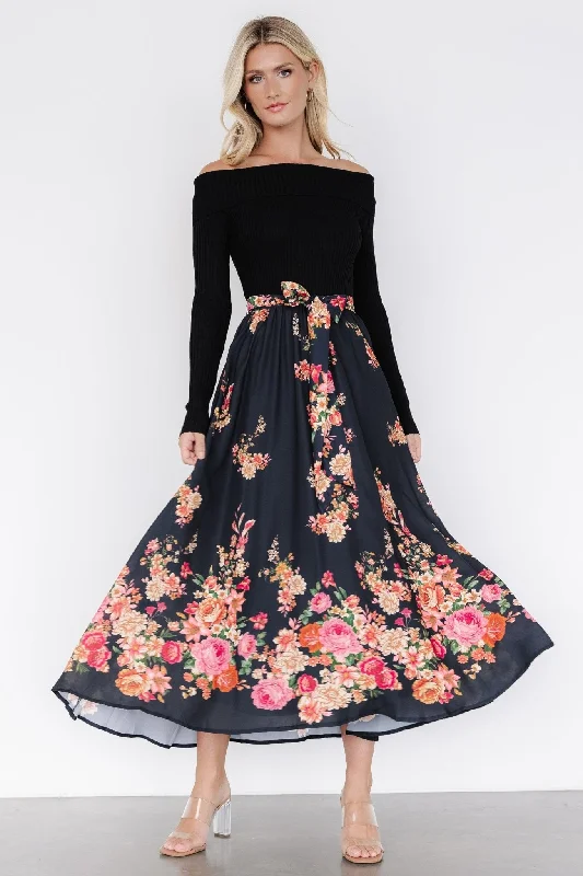 Qadira Off Shoulder Dress | Black + Multi Floral