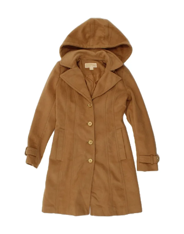 MICHAEL KORS Womens Hooded Overcoat UK 2 2XS Brown Wool