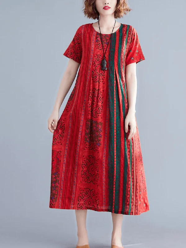 Ethnic Stripe Print Short Sleeve Vintage Dress