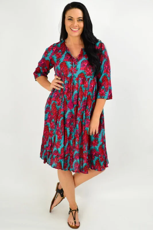 Red Aqua Floral Tie Neck Tunic Dress