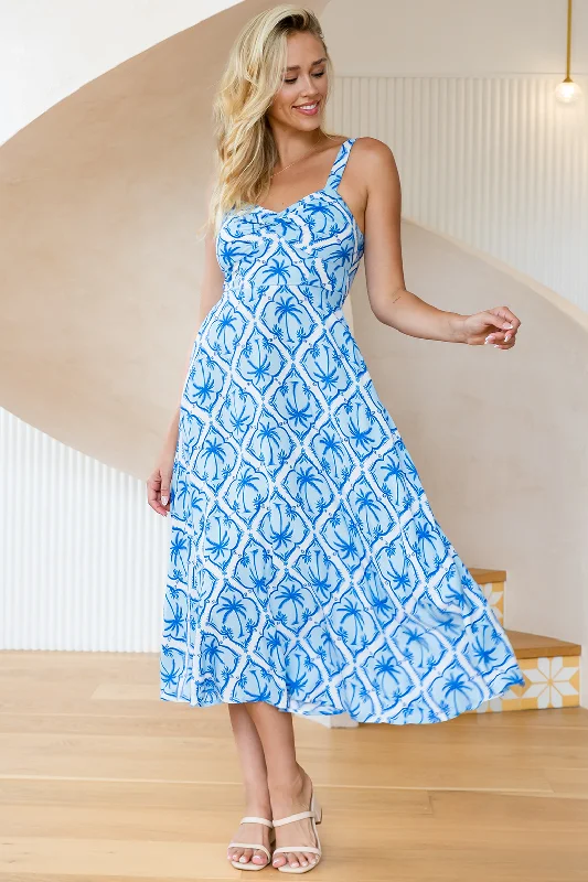 Final Sale | Delphine Midi Dress Palm Cove Print Blue