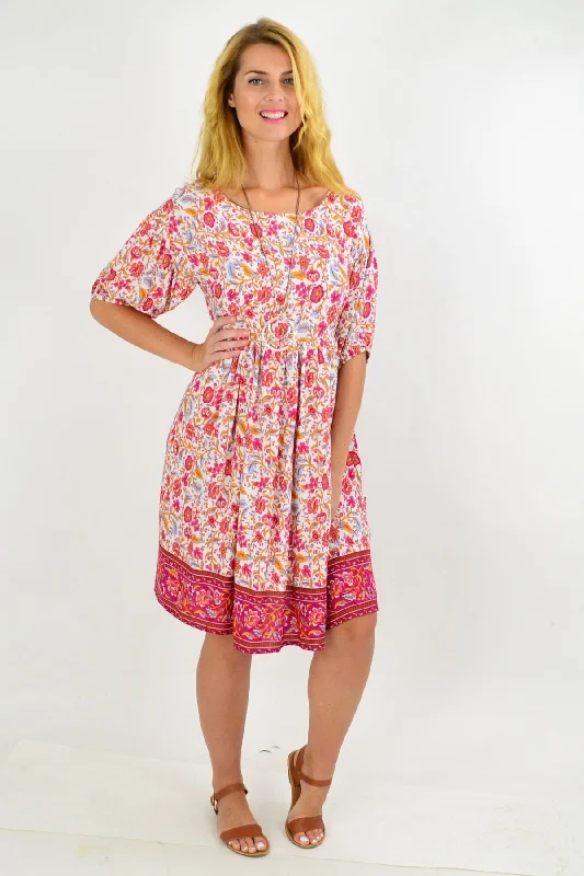 Pink Floral Puff Sleeve Tunic Dress