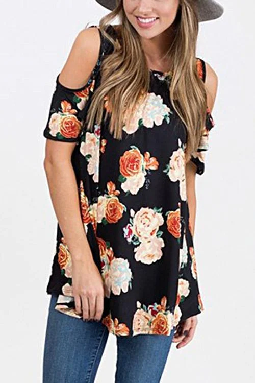 OEM ODM Round Neck Cold Shoulder Floral Print Short Sleeve Top