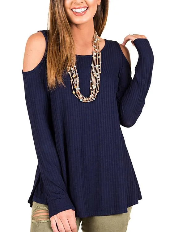 OEM ODM Round Neck Cold Shoulder Cut Out Long Sleeve Navy Top