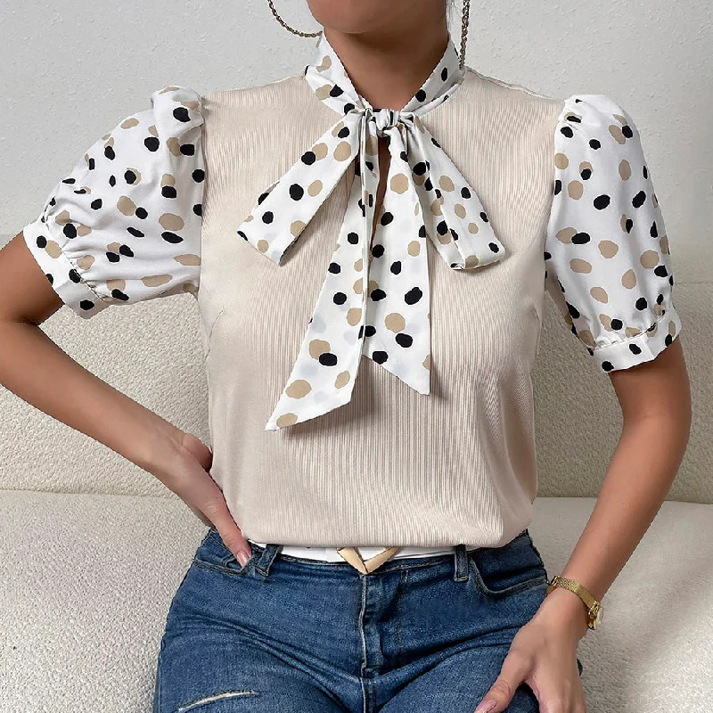 Puff Sleeve Polka Dot Print Bowknot Tie-Up Short Sleeve Shirts Wholesale Womens Tops