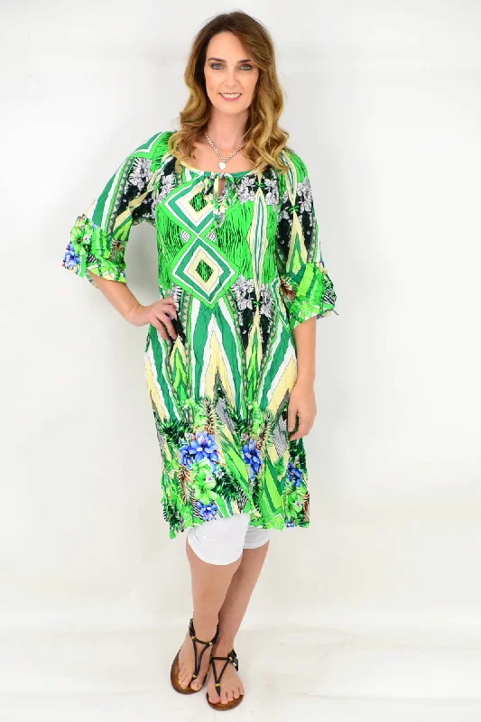 Green Stripe Crinkle Tie Tunic Blouse