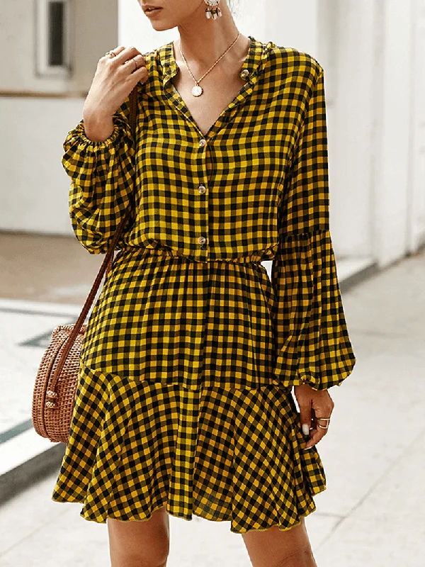 Long Sleveed Plaid Stand Collar Causal Shirt Dress for Women