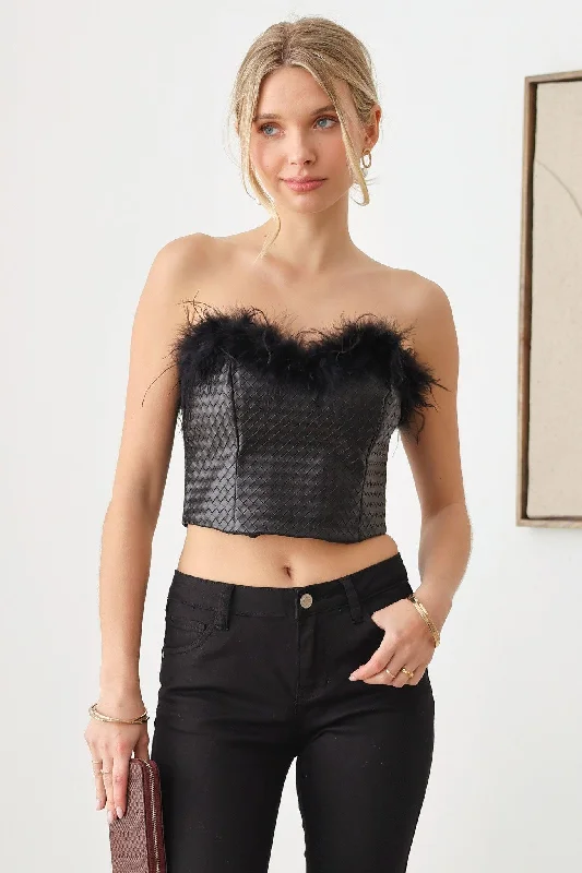 Faux Leather Feather Tube Crop Top