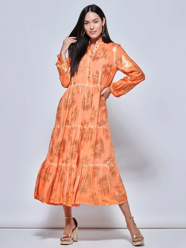 Loose Fit Tiered Holiday Maxi Shirt Dress, Orange Multi