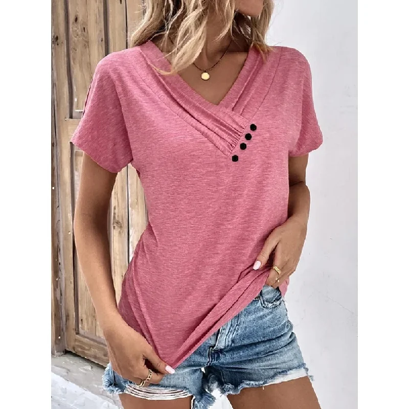 Casual Loose Solid Color V-Neck Short-Sleeved T-Shirt Wholesale Womens Tops