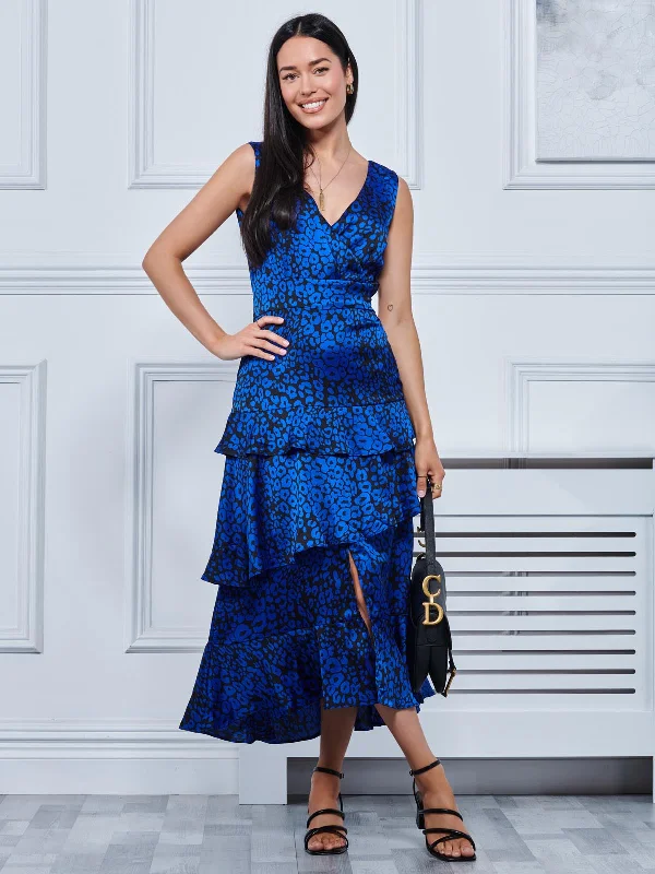 Della Crepe Frill Hem Maxi Dress, Blue Leopard