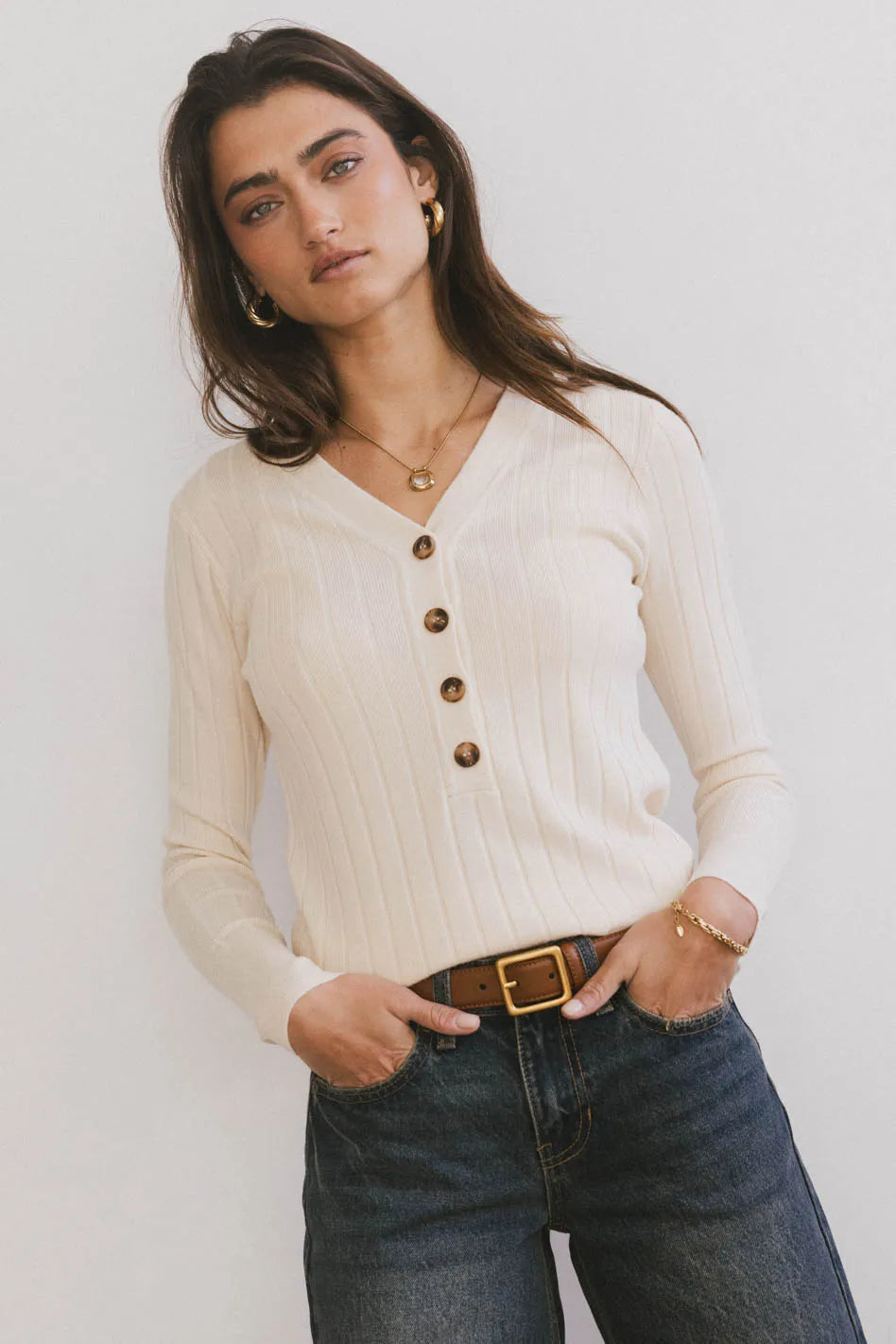 Ribbed Button Front Top in Ivory