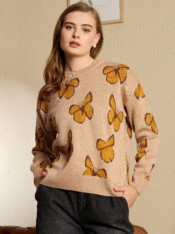 Berrylush Women Beige Round Neck Butterfly Print Knitted Acrylic Sweater