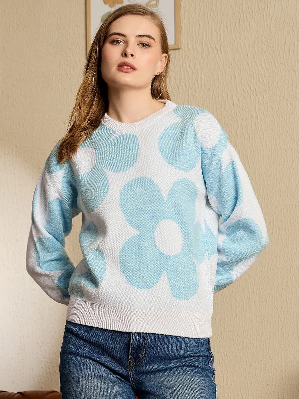 Berrylush Women Blue Printed Round Neck Full Sleeve Knitted Acrylic Regular Sweater