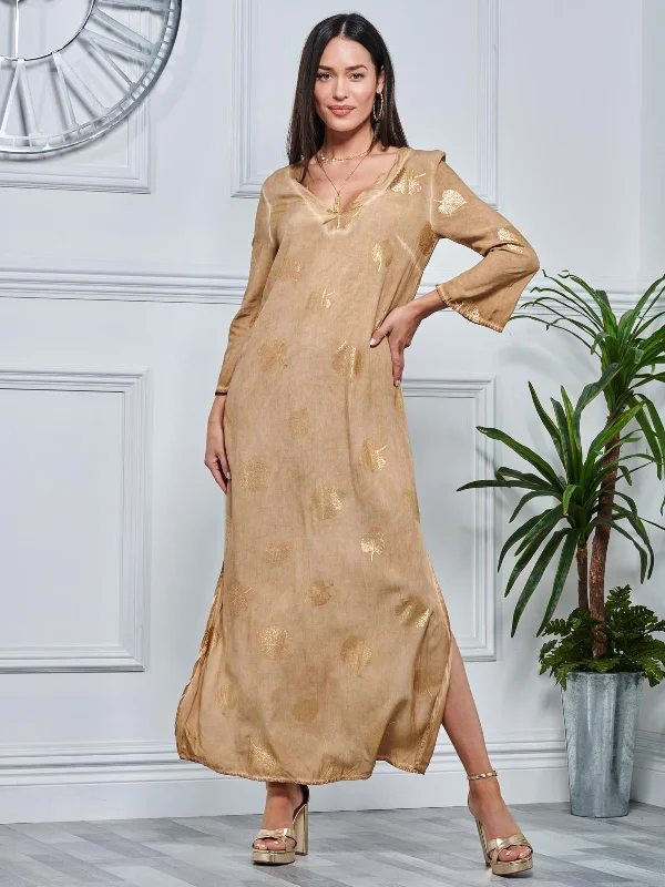 3/4 Sleeve Loose Fit Holiday Tunic Maxi Dress, Khaki Pattern