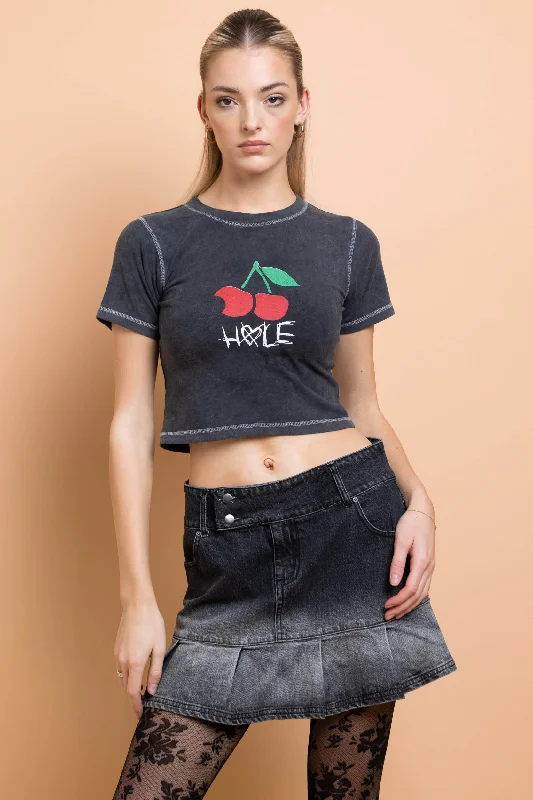 Daisy Street Hole Cherry Washed Baby Tee With Contrast Stitch