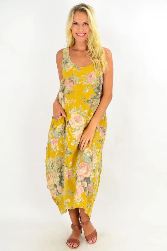 Mustard Vintage Floral Bouquet Linen Tunic Dress