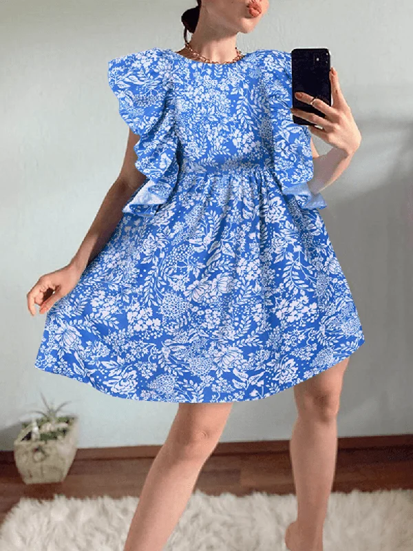 Women Floral Print Ruffle Trims Sleeveless Casual Daily Doll Mini Dress